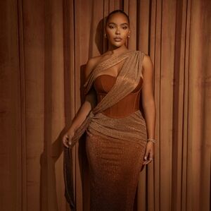 JLUXLABEL GOLD CELESTINA DRAPED MAXI DRESS